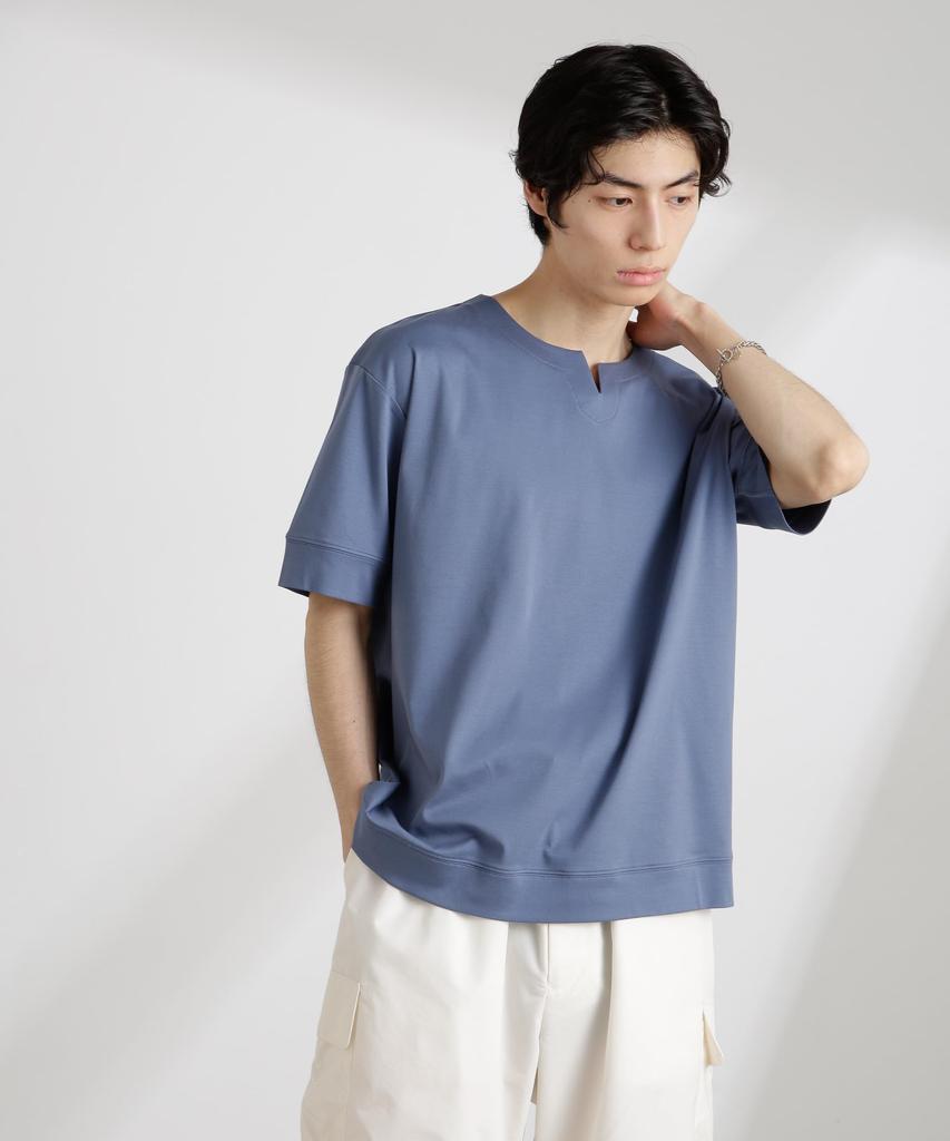 Nano Universe 50/-Sercerisiertes Glattes Key-Neck-T-Shirt, Herren, Größe L (110), Blau, 672-5124208