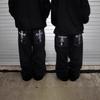 Harajuku Style Skull Embroidered Vintage Washed Straight Cut Baggy Jeans Men High Waist Loose Fit