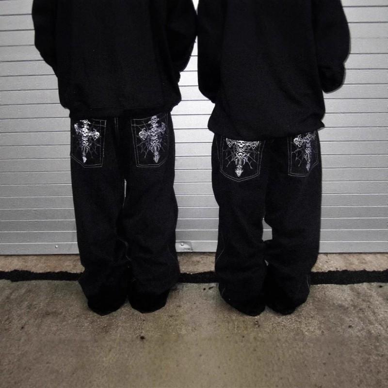 Harajuku Style Skull Embroidered Vintage Washed Straight Cut Baggy Jeans Men High Waist Loose Fit