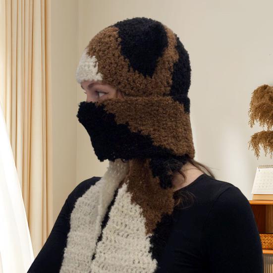 Knitted Hat Tri-Color Cat Design Warm Crochet Winter Scarf Hat Outdoor Activities Headgear Fashionable Accessories