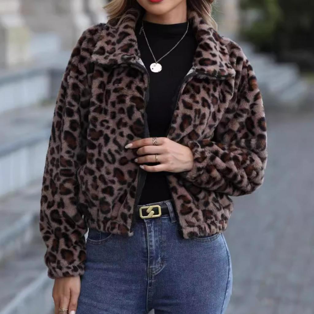 2025 Winter Autumn Leopard Print Fleece Coat for Women Loose Zip Long Sleeve Fluffy Jacket