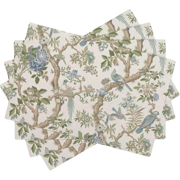 Chinoiserie Spring Placemats Set of 4, 12x18 Inch Blue Green Floral Bird Table Mats Summer Vintage Flowers Holiday Decorative Table Placemats for