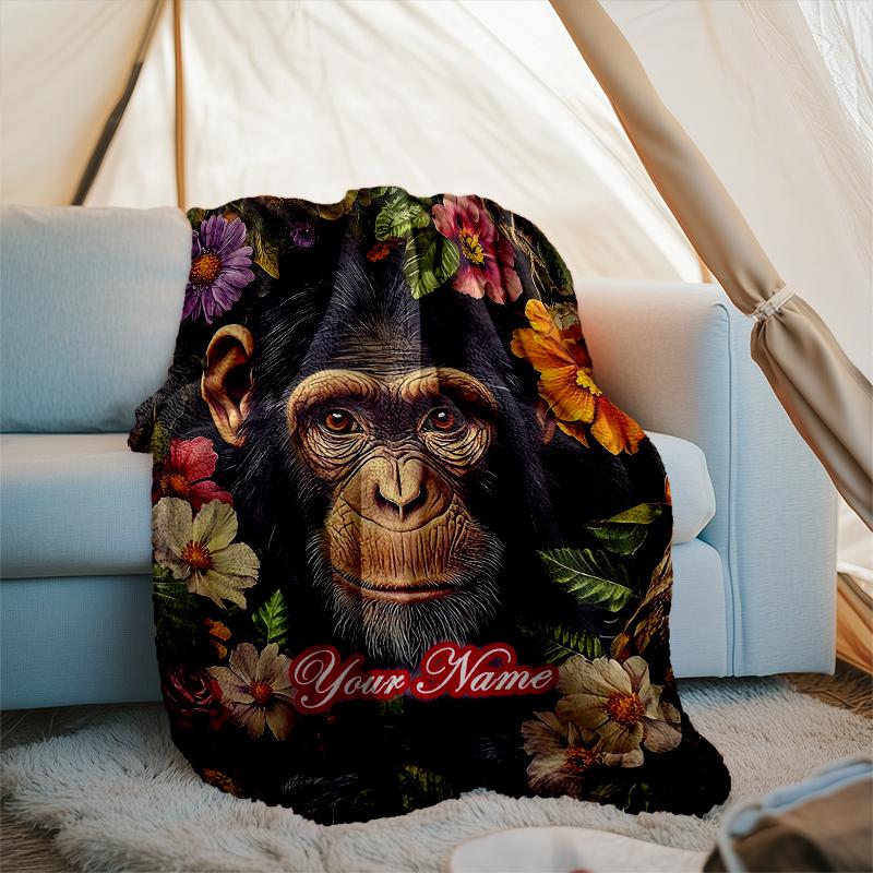 1PC Custom Name Chimpanzee Floral Frame outdooor Flannel blankets Patterns Throw Blanket All-Season Soft Gift for Couch, Bed, Camping gifts