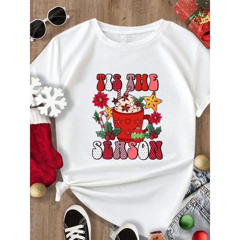 (European Size) Merry Christmas Tee New Year Holiday Top Festival Casual Tree Style Cute Women Print Lady Short Sleeve Fashion Graphic T-shirts