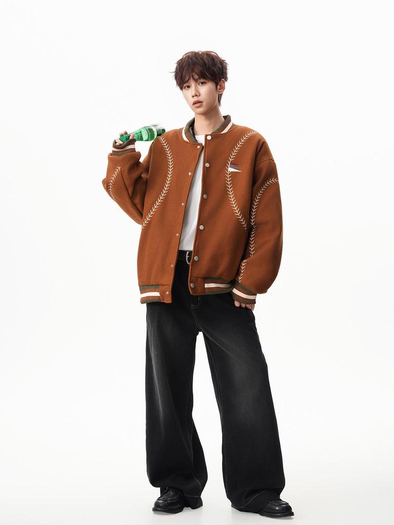 Guochao Vintage Woll-Baseballjacke mit Stickerei für Damen & Herren - Schweres Retro-Modell für Herbst/Winter 2025