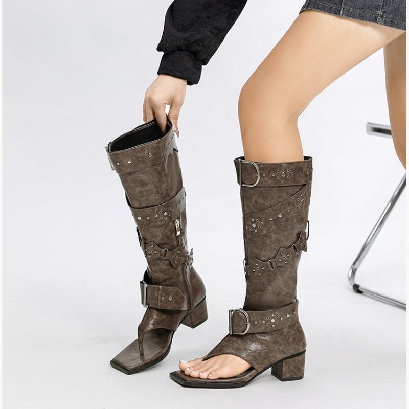 Fashion New Black Brown Rivet Belt Buckle Herringbone Clip Foot Roman Cool Boots Summer 5cm Thick Heel Exposed Toe Long Tube Thin Boots
