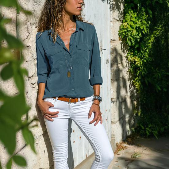 Women Shirt Lapel Long Sleeve Buttons Placket Shirt Tops with Pockets Pure Color Regular