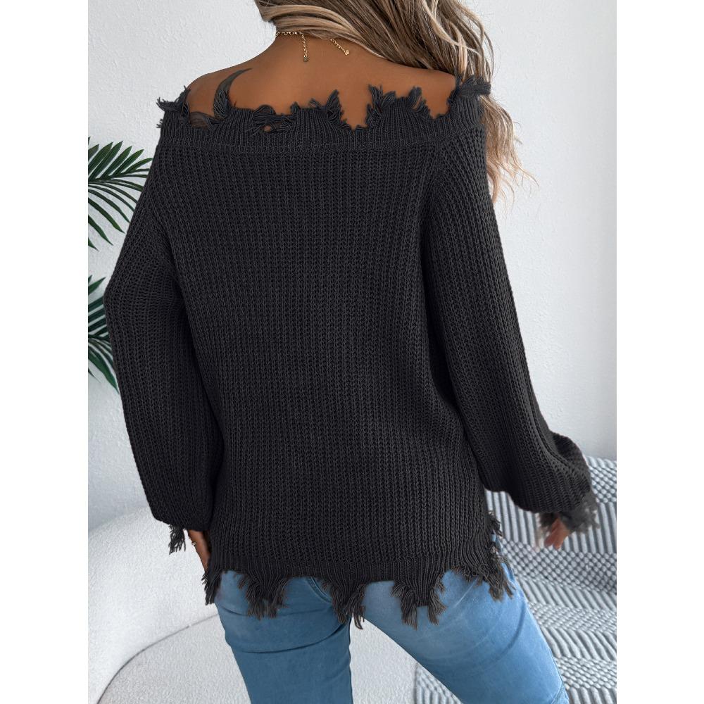 Women's Knitted Sweater for Autumn/Winter Solid Colour Lace-Up Long Sleeves Ragged Hem Off-Shoulder Pullover Loose-Fit Top