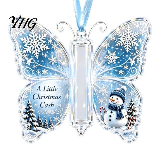 Festive Tree Hanging Decor Butterfly Cash Gift Ornament, Christmas Money Holder with Gifts for Family Friends Print, Acrylic Pendant Surprise Giving,