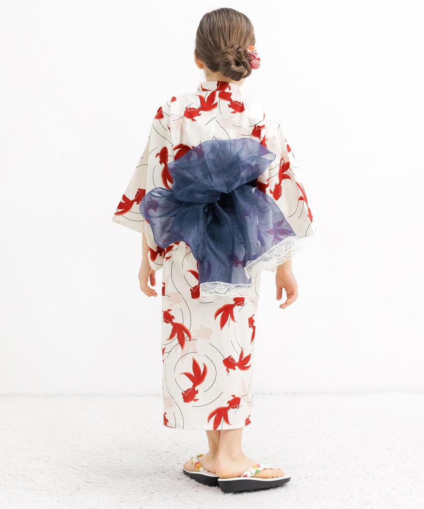 Zestaw Yukaty Pszczoła Łatwy do Idealny na Festiwale i Biały z Wzorem Złotej Rybki 3-częściowy Dziewczęcy, Letni, Do Noszenia, Dwustronny Wzór, Fajerwerki, 150cm,