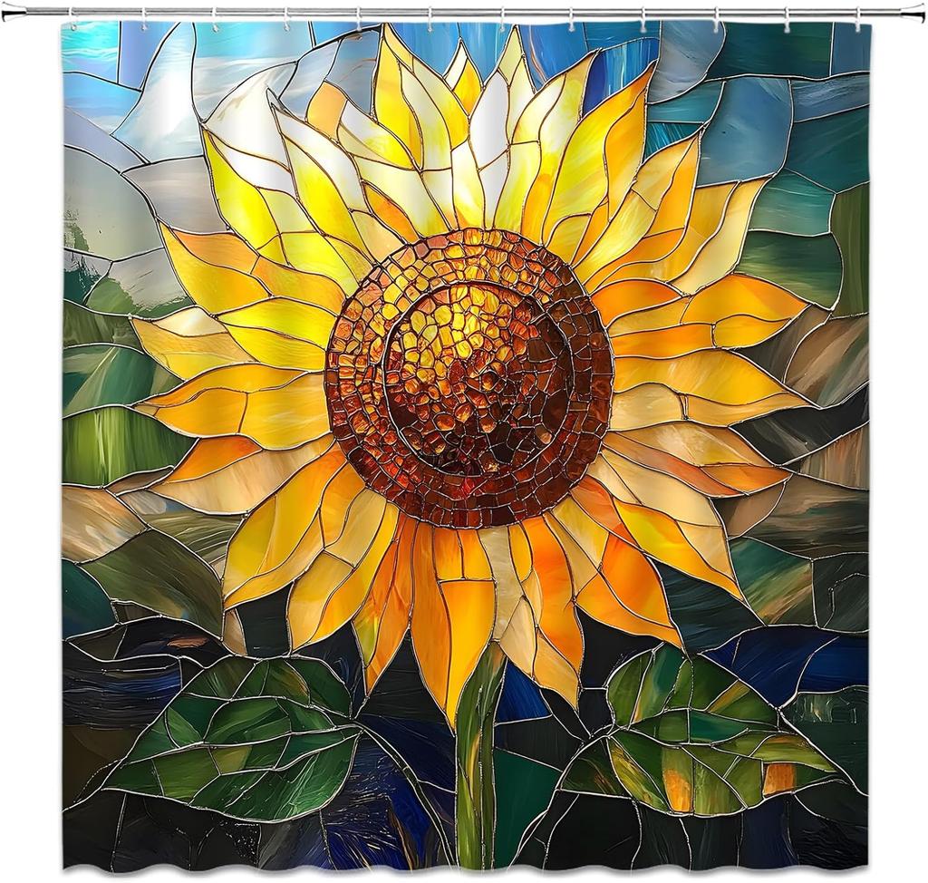 Stained Glass Sunflower Shower Curtain, Yellow Floral Abstract Art Rustic Farmhouse Bathroom Decor