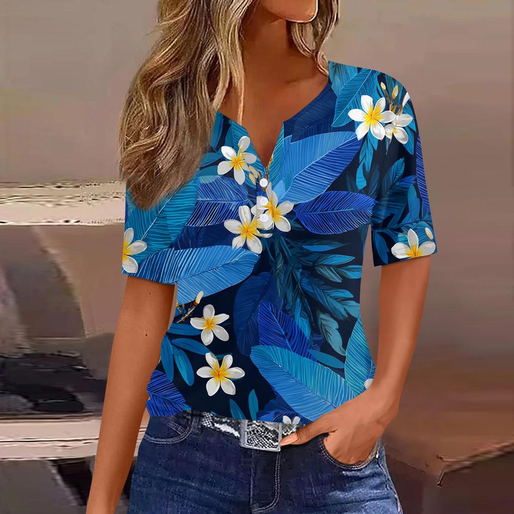 Women's fashionable casual Hawaiian print V-neck short-sleeved button-down T-shirt top