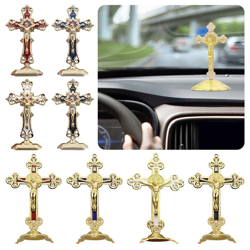 Golden Cross Ornaments Double-sided Tape Metal Statues Creative Handicrafts Oil Droped Colors Car Ornaments Christ On The Stand