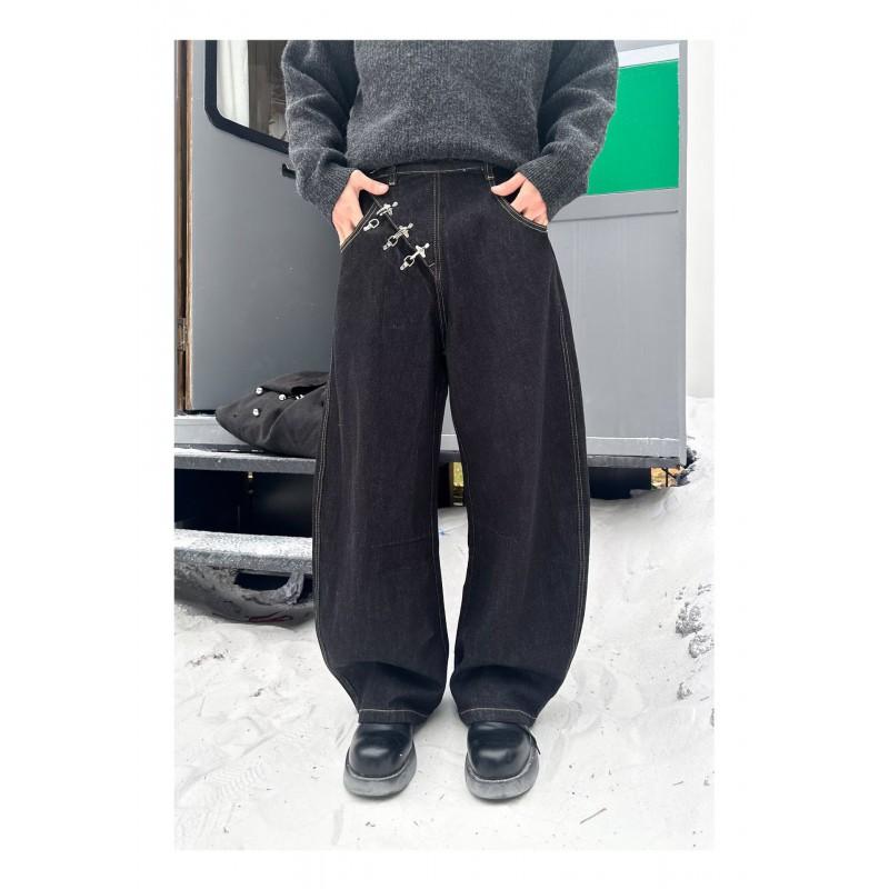 Jeans Denim Larghi a Vita Alta da Uomo con Dettaglio Bottone Stile Aereo Bordo Grezzo Taglio Dritto Streetwear Stile Vintage