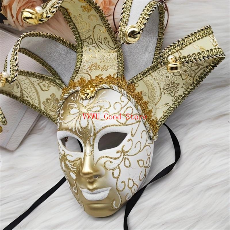 Masked Ball Full Face Mask With Bells Vintage Mask for Men Women Halloween Cosplay Masked Ball Proms Parties