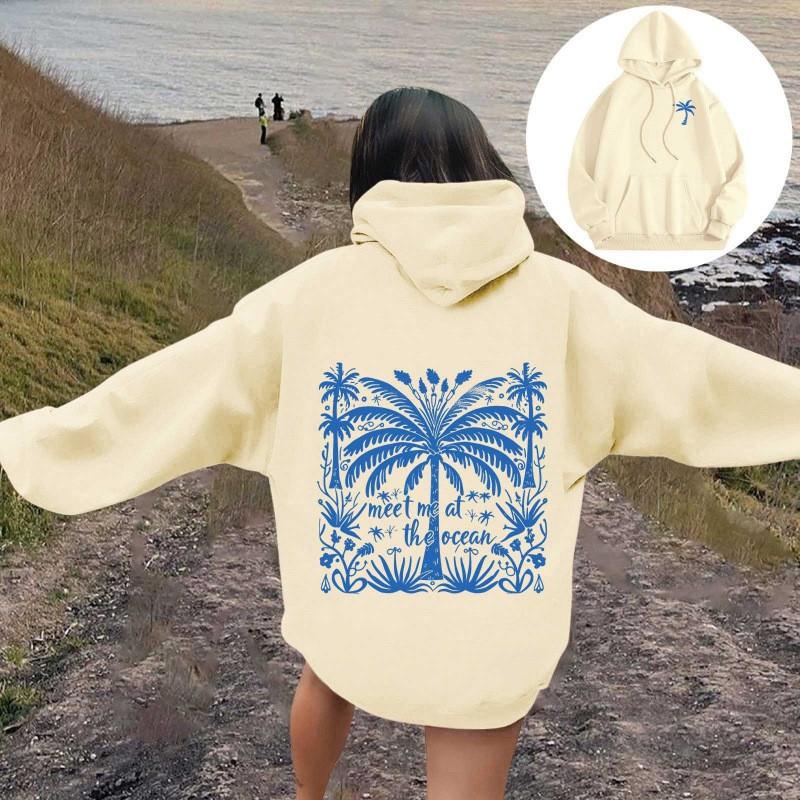 Womens Oversized Hooded Sweatshirt With Palm Tree Print Drop Shoulder Long Sleeve Fleece-Lined Casual Streetwear
