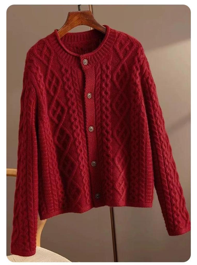 European-Style Heavy Cable-Knit Wool Cardigan for Women - Thick Coarse Wool Sweater Coat for Autumn and Winter 2026