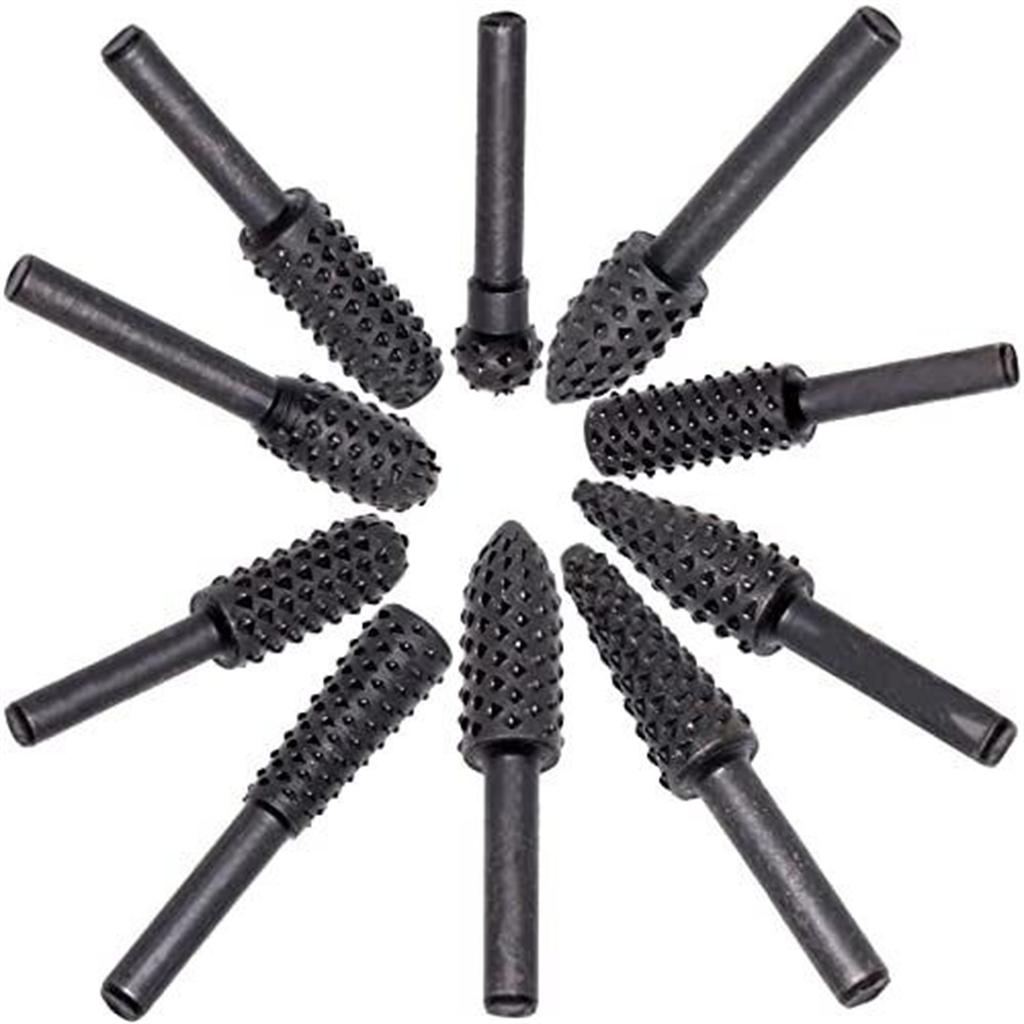 10pcs File Drill Bits Set With Spherical, Cylindrical Pointed Drill, Grinder Drill Rasp For Woodworking Carving Tool 1/4" Round Shank Rotary Burr Set