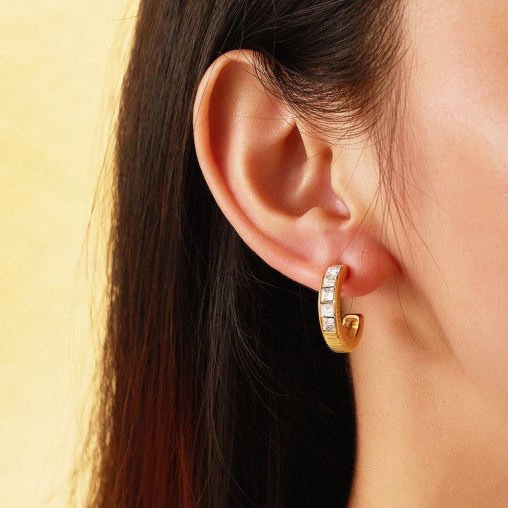18K Gold Plated White Diamond Hoop & Stud Earrings - French Style Titanium Steel