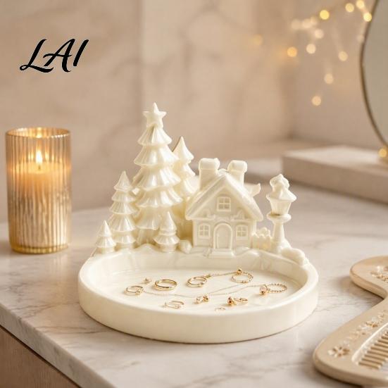 Christmas Theme Home Decor Winter Village Jewelry Tray 3D Printed Snow House Pine Tree Decorative Dish Matte White Trinket Bowl Mini Desktop