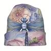 Dragonfly Floral Skullies Beanie Hat - Vibrant Blue Dragonfly & Multicolor Flowers Design, Soft Stretchy Knit For Casual Outdoor