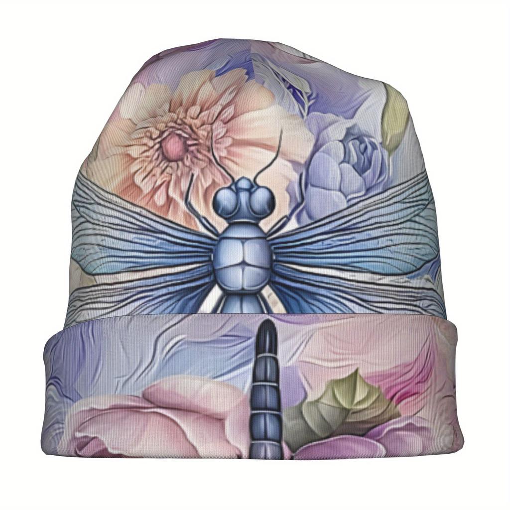 Dragonfly Floral Skullies Beanie Hat - Vibrant Blue Dragonfly & Multicolor Flowers Design, Soft Stretchy Knit For Casual Outdoor