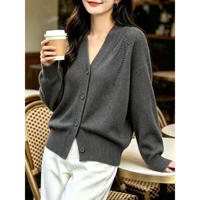 TIFICY Women's Fashion Casual Fall Winter Solid Color Print Long Sleeve V-Neck Sweaters