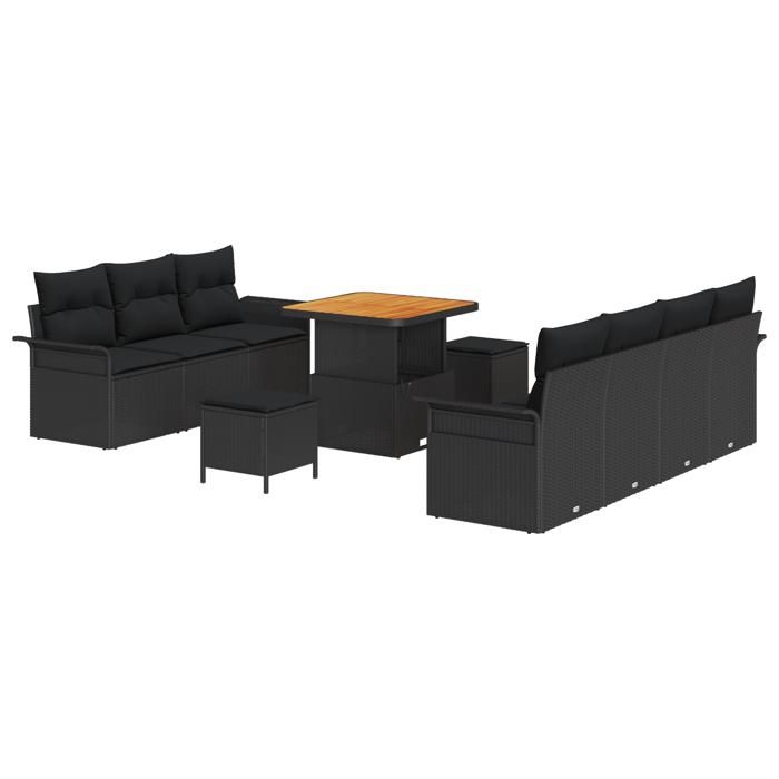 Ensemble de Canapé de Jardin de 10 Pièces avec Coussins Noir Poly Rattan Acacia, Canapé de Jardin 2 Places avec Coussins 3362094