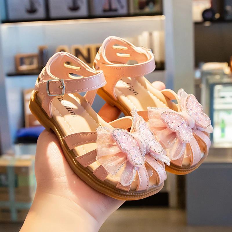 

Shine Children Sandals for Girls Butterfly Cute Designer Kids Shoes Peep-toe Korean Style 2025 Summer New Soft Breatheable Chic 35 розовый