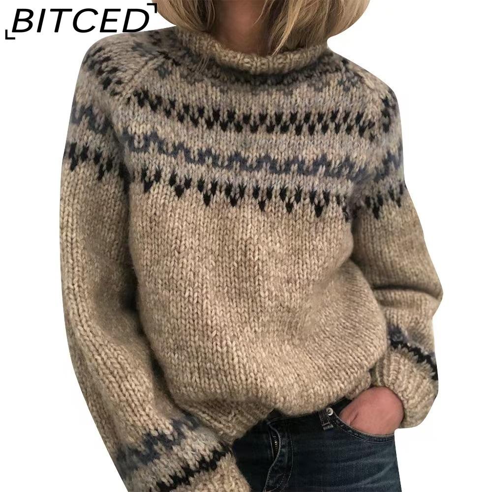 BITCED Women's High-Neck Color-Blocked Oversized Fashion Pullover Sweater