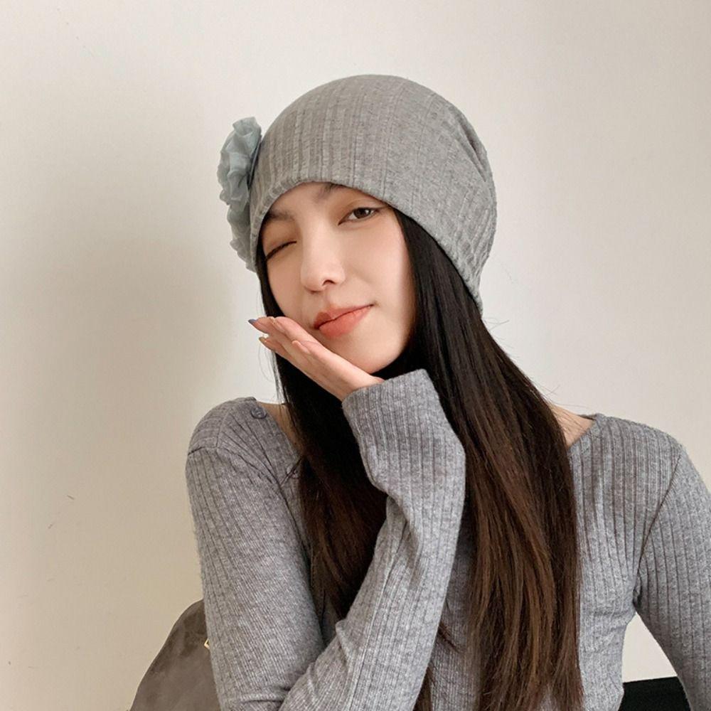 Retro Solid Color Rose Flower Knitted Hat Y2k Style Breathable Women Beanie Cap Crochet Thin Striped Skullies Cap