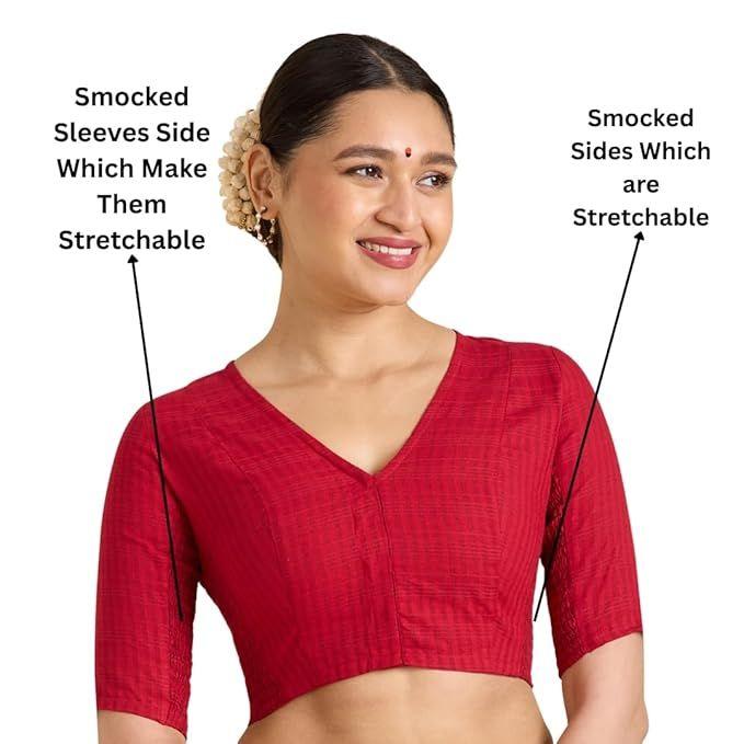 Blouse Saree à Carreaux Madras Manches Courtes en Coton pour Femme avec Côtés Extensibles
