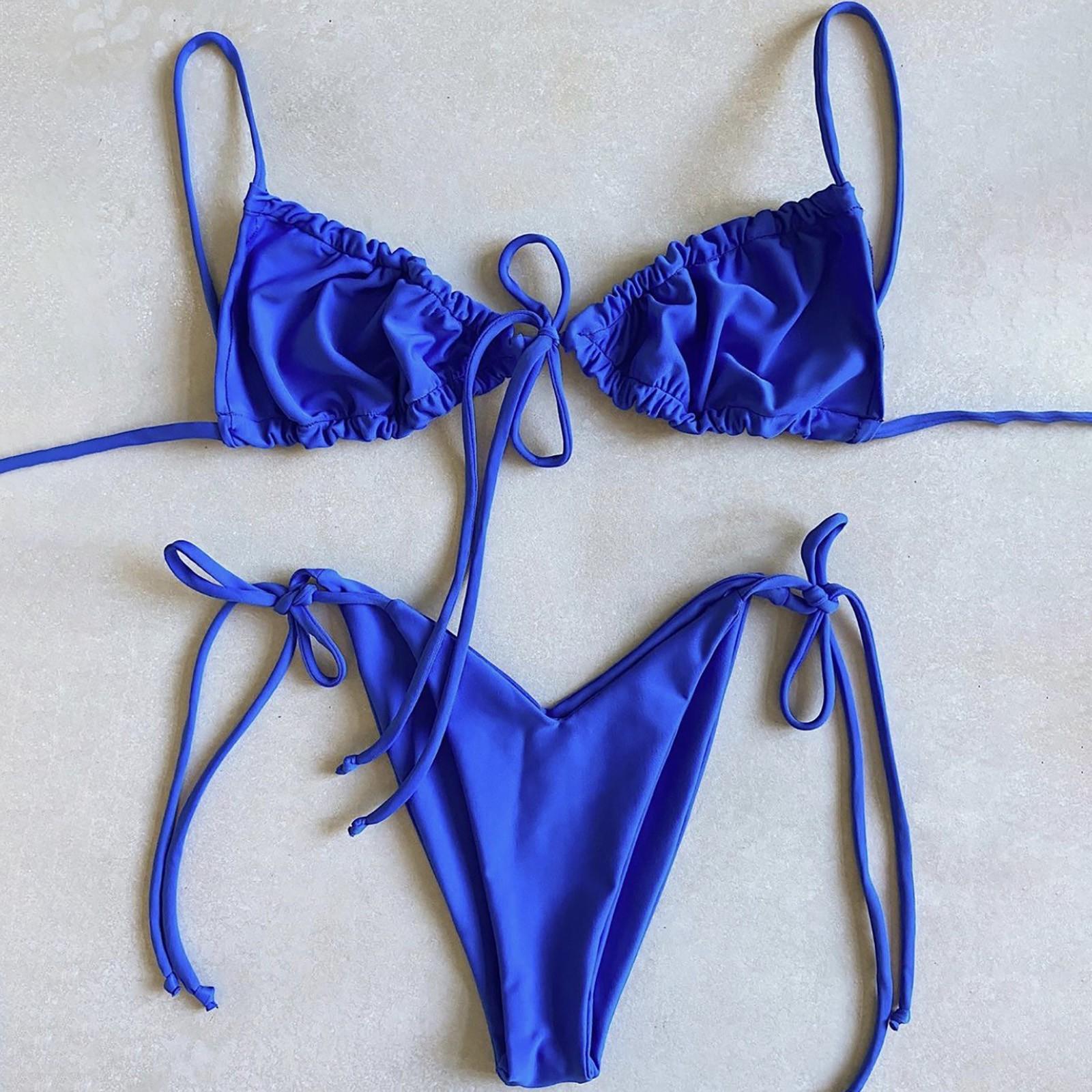 

Женские купальники, сплошной цвет, бикини на бретелях, купальник с разрезом, комплект M синий