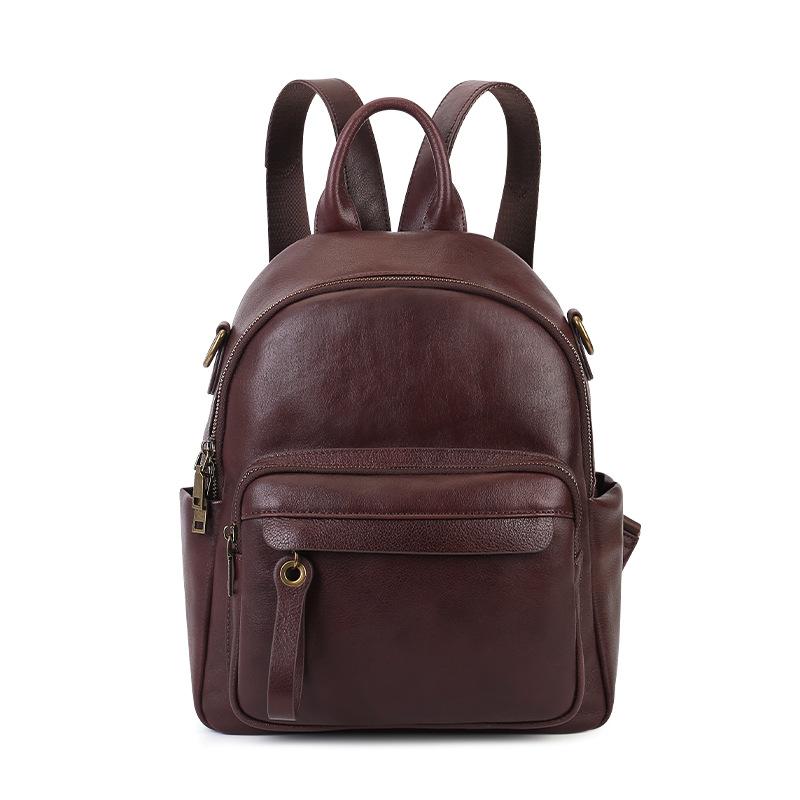 Genuine Leather Double-shoulder Bag for Ladies, Plain-colored Vintage Student Schoolbag