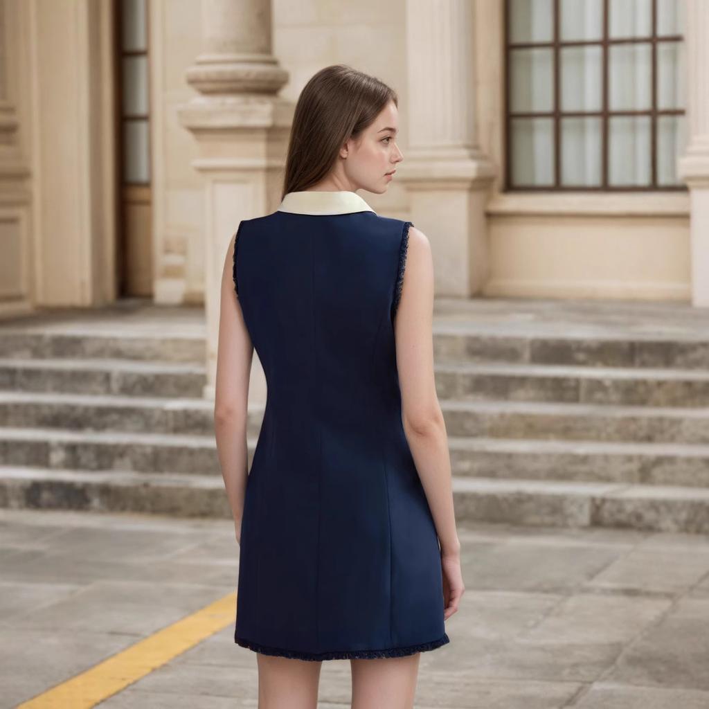 European and American women's clothing dark blue sleeveless dress white neckline and gold button women's dress short skirt