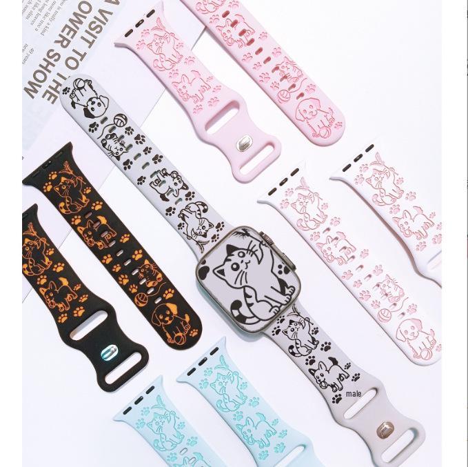 Apple New Style Cartoon Carved Silicone Watch Strap - Cute Cat & Dog Theme.