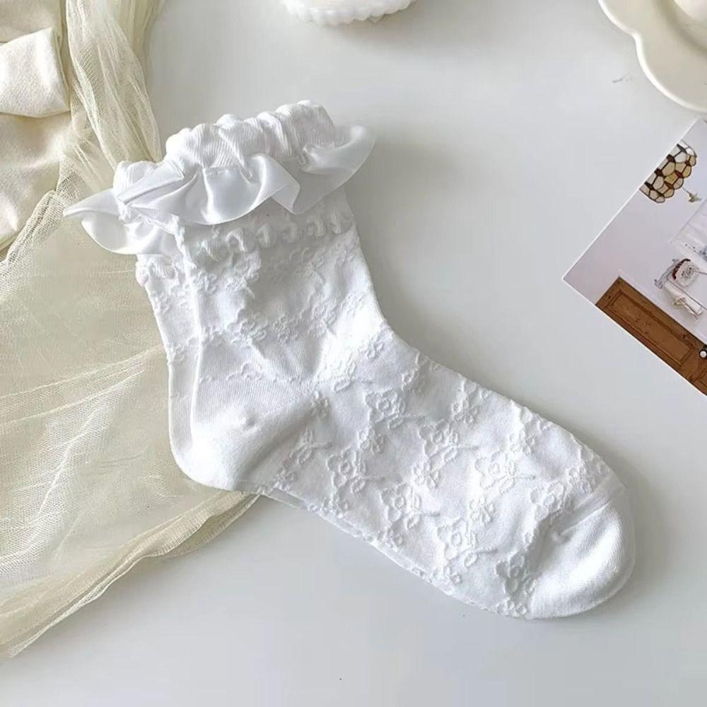 Breathable Lolita Stockings Black White JK Mid-calf Socks Lace-trimmed Stockings For Women Girls