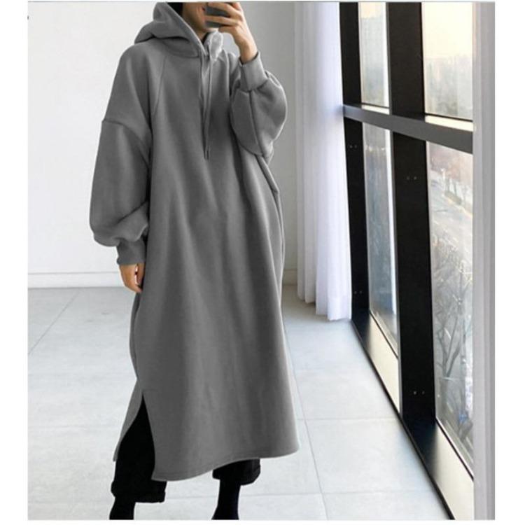Felpa con cappuccio oversize ispessita da donna alla moda, abito lungo a maniche lunghe a tinta unita, abbigliamento autunno-inverno