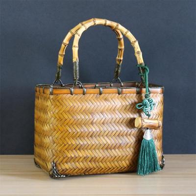Handmade Bamboo Women's Handbag with Pendant - Yellow Red Chinese Style Small Square Bag