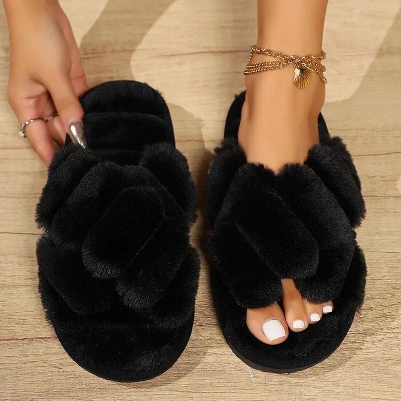 

Fashion Fashion Cross Starp Plush Slippers Women Open Toe Flat Heels Cotton Padded Shoes Woman 2025 Non-Slip Warm Indoor Couple Slides 42-43