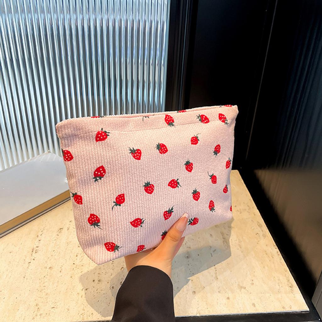 Strawberry Printed Corduroy Cosmetic Bag, Fashionable Toiletry Pouch for Women Travel, Gym, Vacation Organizer with Secure Zipper