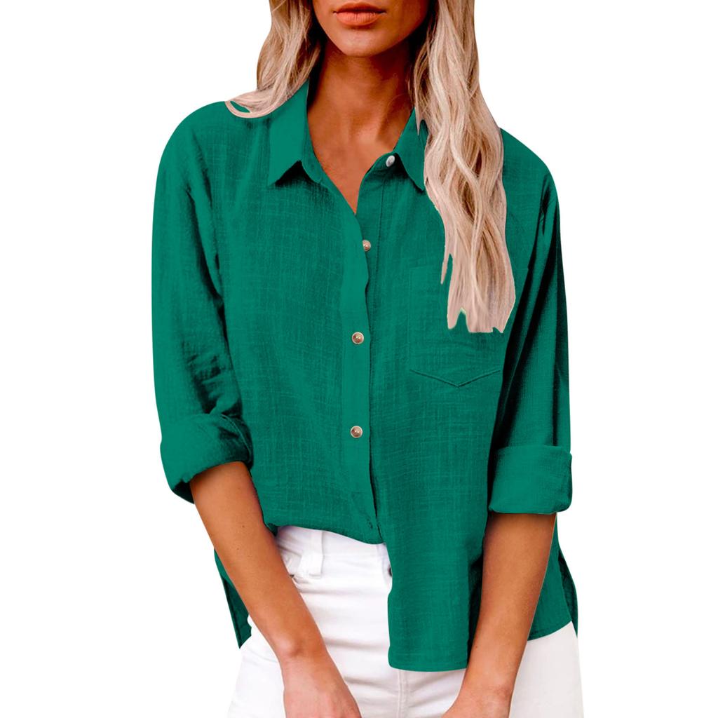 Women Linen Blend Button Down Shirt Turn‑Down Collar Roll‑Up Sleeve Chest Pocket Loose Fit Solid Color Casual Office Blouse Top