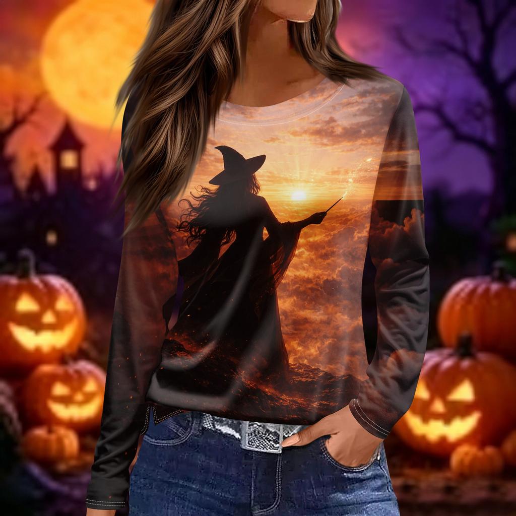 Women's Halloween Printed Long Sleeve Round Neck T-Shirt