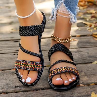 Fashion 2024 Plus Size Shoes for Women Casual Women's Slippers Outdoor Daily Slippers Women Mixed Color Weave Round Toe Flat with Sandal