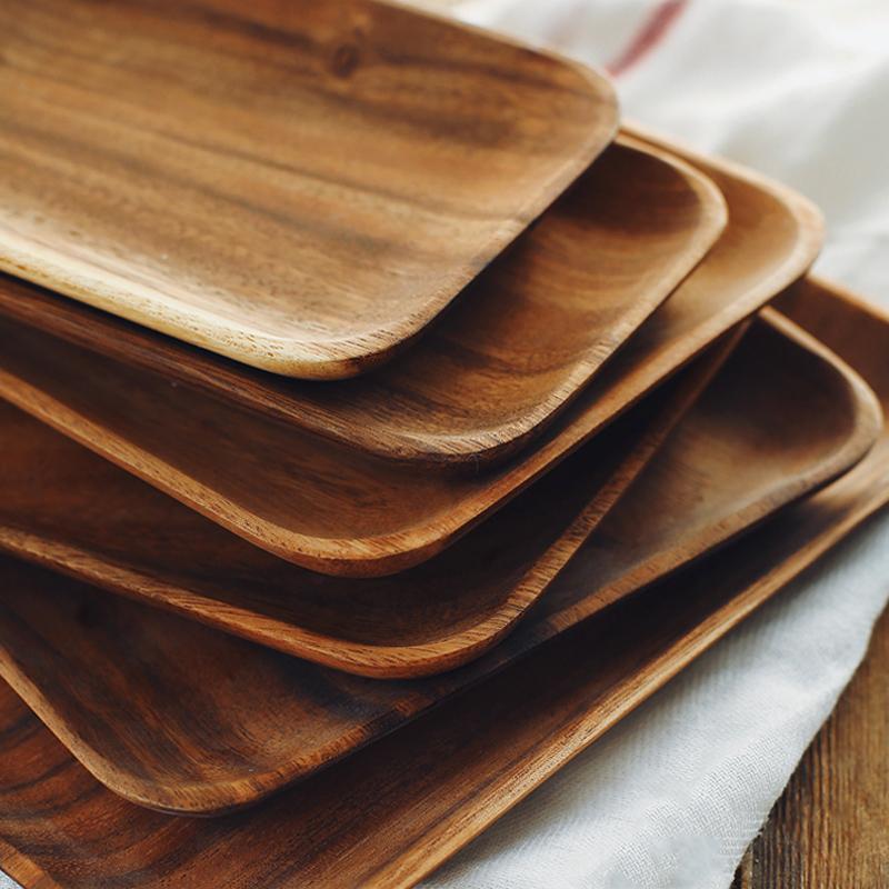 6Pcs Wood Plates Square Rectangle Wooden Plate Set Acacia Wood Serving Dish Fruit Dessert Cake Plate Wooden Utensils Tableware