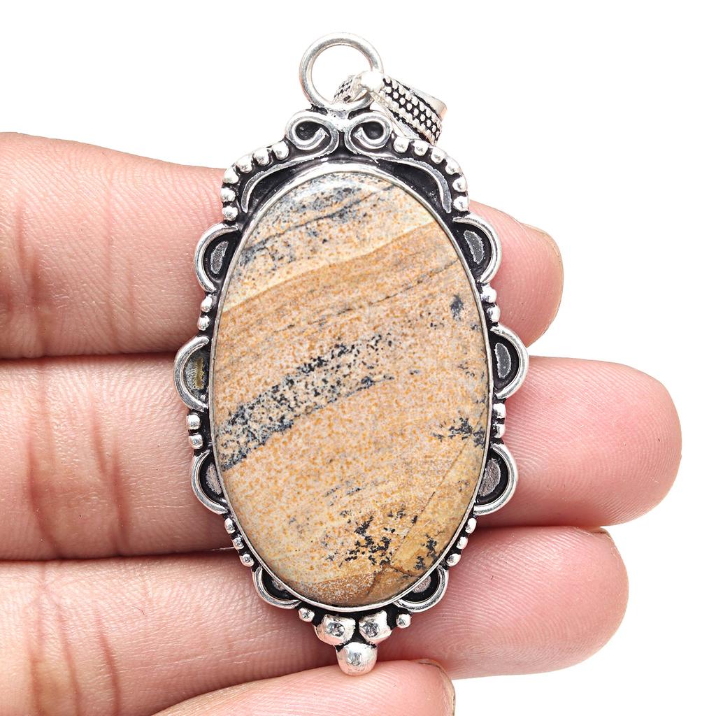 Pendant Picture Jasper Gemstone Valentine'Day Gift Silver Jewelry 2.75"
