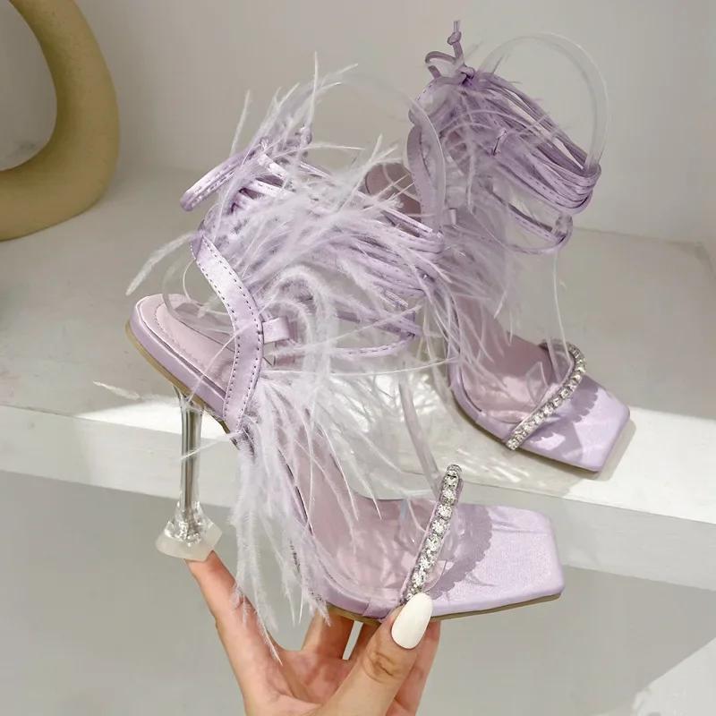 Fashion Sexy/Club Peep Toe Square toe Rhinestone Feathers Sandals Womens Summer Ankle Strap Slim High-heeled Steel Tube Dance Shoe