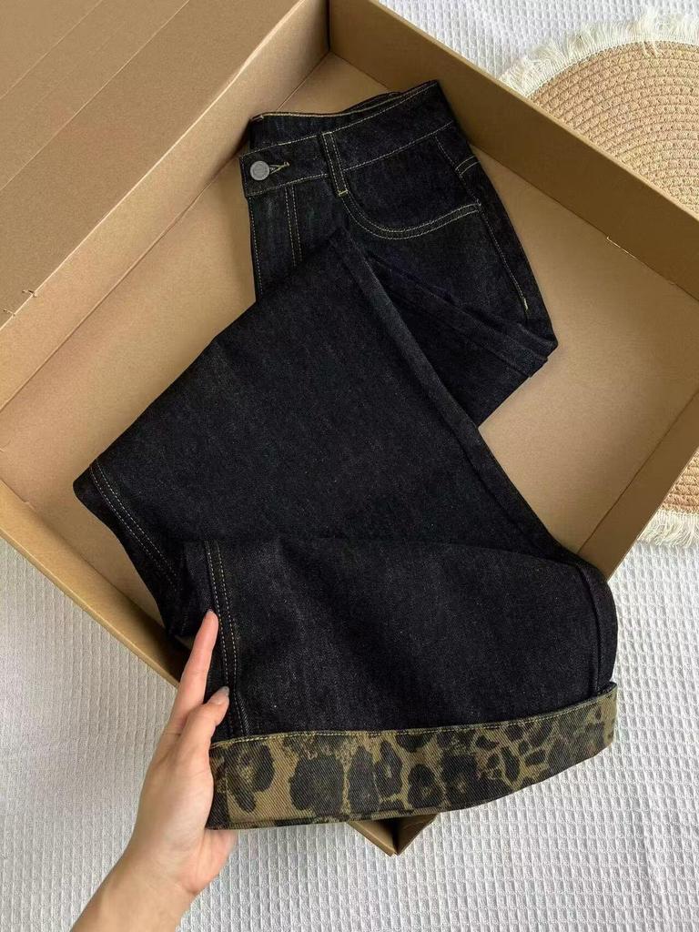 Women's Retro Black Leopard Print Rolled Hem Wide Leg Jeans
