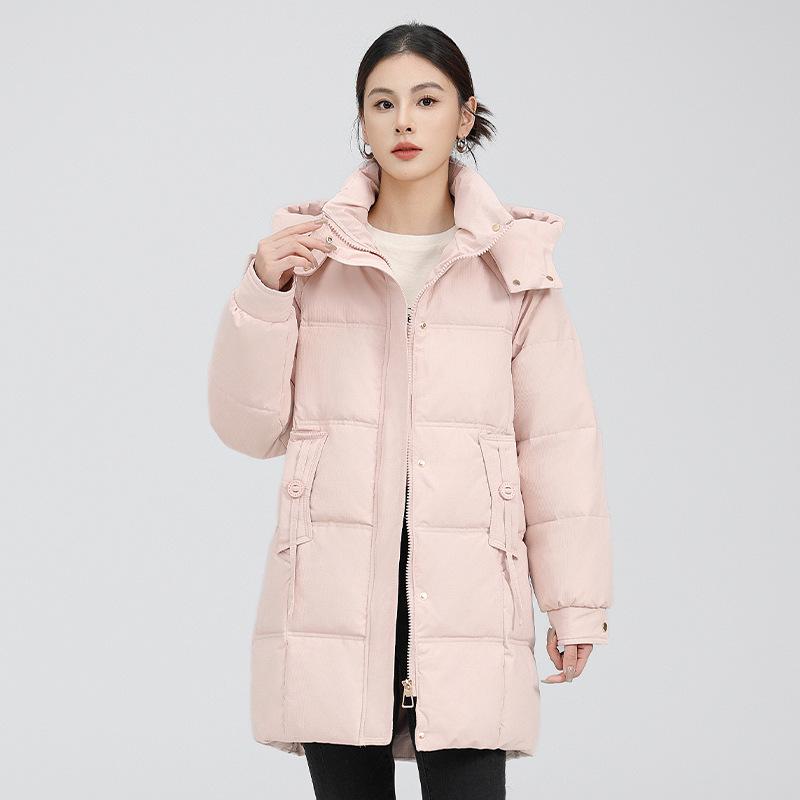 Brand down jacket women's winter new medium and long hooded warm thickened loose and thin solid color coat