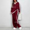 1116 trendy brand spring and autumn new fashion casual V-neck striped trousers long-sleeved crew neck suit women's clothing